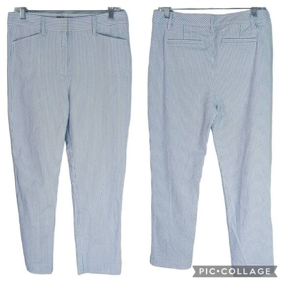 Lands End Women Mid Rise Tall Chop Pants Slim Leg Seersucker Blue White Pockets - Picture 1 of 11